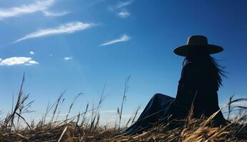 ai generiert Frau im Hut Sitzung auf Gras und suchen beim das Blau Himmel. foto