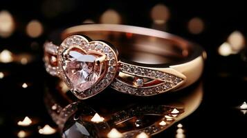 ai generiert Hochzeit Ringe mit kostbar Steine im das gestalten von ein Herz foto
