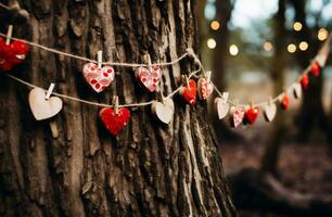 ai generiert Valentinstag Tag Hintergrund mit Herzen hängend auf ein Baum im das Wald foto