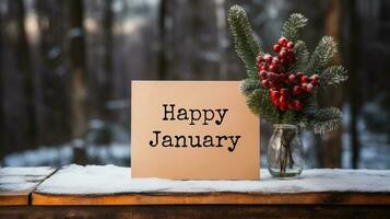 ai generiert Karte mit Text glücklich Januar auf hölzern Tabelle im Winter Wald foto