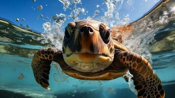 ai generiert Meer Schildkröte Schwimmen im Blau Wasser mit spritzt von Wasser, schließen oben foto