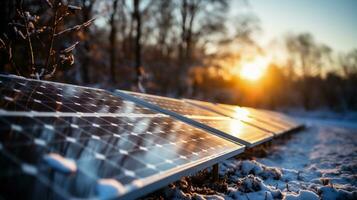 ai generiert Solar- Paneele auf das Feld im Winter. Photovoltaik Module zum Innovation Grün Energie. foto