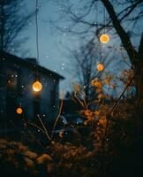 ai generiert Blumen im das Garten beim Nacht mit ein Girlande von Beleuchtung foto