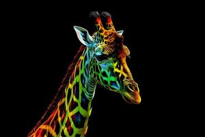 ai generiert Regenbogen Kunst Giraffe auf ein schwarz Hintergrund. neural Netzwerk ai generiert foto