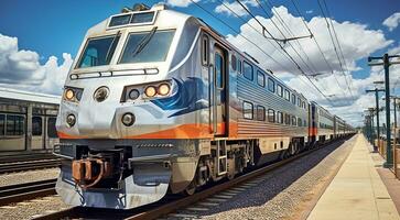 ai generiert Zug auf das Schienen, Zug auf das Eisenbahn, Zug im Bewegung, Zug auf das Bahnhof foto