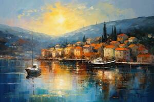 ai generiert Öl Gemälde von das alt Stadt, Dorf von perest, Montenegro, ai generiert foto