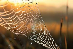 ai generiert schön Tau Tropfen auf Spinne Netz beim Sonnenaufgang. Natur Hintergrund, ai generiert foto