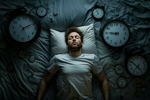 ai generiert unruhig Mann Leiden von Schlaflosigkeit auf Bett. generieren ai foto