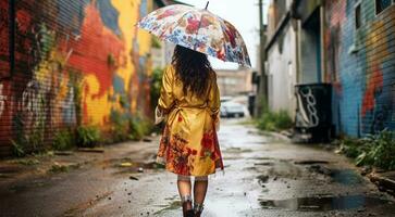 ai generiert einsam jung Mädchen Gehen auf das Straße mit Regenschirm, einsam Frau Gehen auf das Straße, einsam Mädchen mit Regenschirm foto