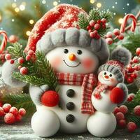 ai generiert ein Schneemann mit ein Hut und Schal ist umgeben durch Weihnachten Dekorationen foto