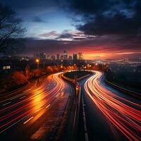 ai generiert ein Stadt Horizont mit Beleuchtung auf ein Autobahn foto
