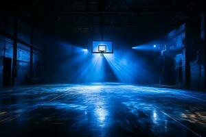 ai generiert Basketball Gericht mit dramatisch Blitz und Rauch foto