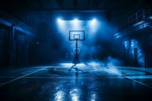 ai generiert Basketball Gericht mit dramatisch Blitz und Rauch foto