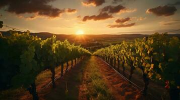 ai generiert ein friedlich Weinberg beim Sonnenuntergang foto