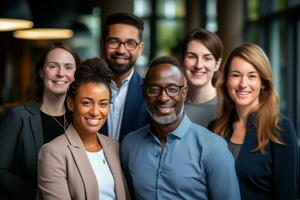 ai generiert ein jubelnd Mannschaft von vielfältig Profis Stehen vereinigt im ihr Büro foto