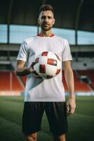 ai generiert Fußball Spieler im ein Weiß Hemd halten ein Fußball Ball während Stehen auf das Stadion foto