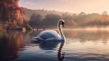 ai generiert ein einsam Schwan anmutig gleiten durch das immer noch Wasser von ein friedlich See im das früh Morgen foto