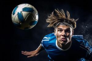 ai generiert schließen oben fotografieren von ein Fußball Spieler ausführen ein Header mit Sachverstand foto