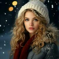 ai generiert ein schön Frau im das schneebedeckt Weihnachten foto
