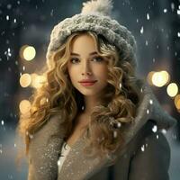 ai generiert ein schön Frau im das schneebedeckt Weihnachten foto