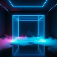 ai generiert ein leeren Zimmer mit ein Blau und Rosa Neon- Licht und Rauch Kommen aus von Es, ein 3d machen, holographisch Würfel von Neon- Linien, volumetrisch Beleuchtung, vray Verfolgung. dunkel Hintergrund zum Anzeige Produkte foto