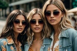 ai generiert Mode Frauen freunde tragen Sonnenbrille im Sommer- Jeans foto