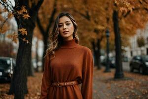 ai generiert schön sexy Frau Kleid Mode Stil Kleider Herbst fallen foto