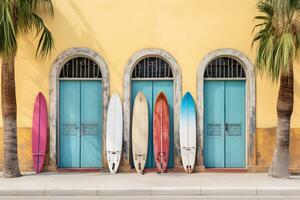 ai generiert bunt Surfbrett Mauer. Strand Ozean Sommer- Ferien Reise Lebensstil Fotografie. generativ ai foto