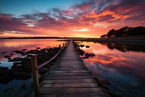 ai generiert Sonnenuntergang Reflexionen Ruhe Wasser Umarmen Abend Himmel, Sonnenaufgang und Sonnenuntergang Hintergrund foto