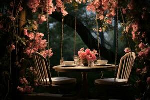 ai generiert Paar auf ein Garten schwingen Tabelle zwischen blühen Bäume, Engagement, Hochzeit und Jahrestag Bild foto