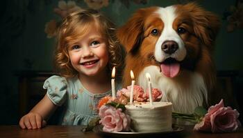 ai generiert jung Mädchen feiert Geburtstag mit ihr Hund im Vorderseite von ein Kuchen, süß inländisch Haustier Bild foto