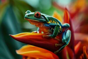 ai generiert süß Grün Frosch sitzt oben auf bunt Blume, süß inländisch Haustier Bild foto