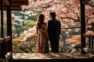ai generiert Partner Pops das Frage im ein japanisch Garten während Sakura Jahreszeit, Valentinstag, Dating und Liebe Vorschlag Bild foto