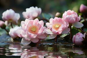 ai generiert reflektierend Lotus Teich im still Garten, Frühling Session Fotos