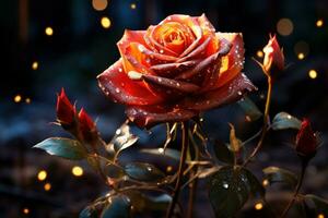 ai generiert magisch Garten mit ein rot Rose glühen im das Unternehmen von Tanzen Glühwürmchen, Valentinstag, Dating und Liebe Vorschlag Bild foto