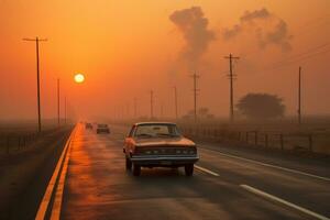 ai generiert Indien Sonnenaufgang inmitten Morgen Nebel, Sonnenaufgang und Sonnenuntergang Hintergrund foto