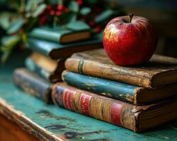 ai generiert Stapel von Bücher einstellen auf ein Grün Segeltuch akzentuiert durch ein rot Apfel, lehrreich Foto