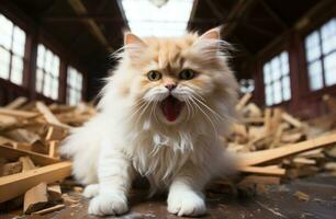 ai generiert wütend persisch Katze Sitzung auf hölzern Boden, Tier Fotografie Bilder foto