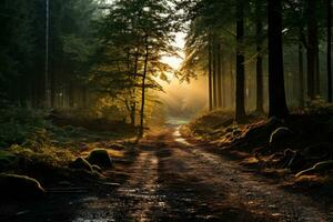 ai generiert neblig Wald gebadet im Dämmerung Licht, Sonnenaufgang und Sonnenuntergang Hintergrund foto