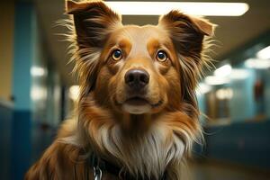 ai generiert ein Hund Stehen Innerhalb ein Krankenhaus, Haustier Foto