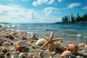 ai generiert Seestern auf das Sand umgeben durch Muscheln, schön Sommer- Foto