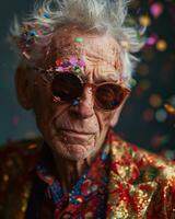 ai generiert glücklich Opa funkelnd mit Konfetti und Sonnenbrille, aktiv Senioren Lebensstil Bilder foto