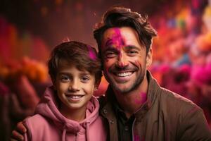 ai generiert traditionell Hindu Vater Sohn Festival Porträt, holi Festival Bild herunterladen foto