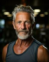 ai generiert Senior Gentleman konzentriert auf Fitnessstudio, glücklich aktiv Senioren Bilder foto