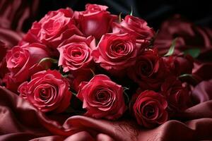 ai generiert zauberhaft rot Rosen umgeben durch ein Sanft ätherisch Vorhänge, Valentinstag, Dating und Liebe Vorschlag Bild foto