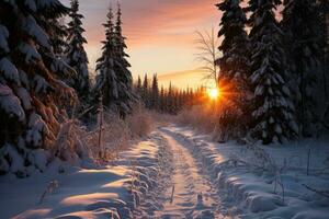 ai generiert Alpenglühen schmückt Schnee trieb Wald, Sonnenaufgang und Sonnenuntergang Hintergrund foto