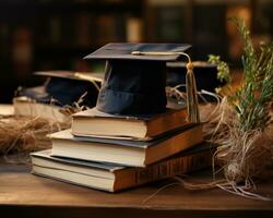 ai generiert Abschluss Hut positioniert auf Bücher in der Nähe von ein Bücherregal, Bildung Bilder zum Webseite foto