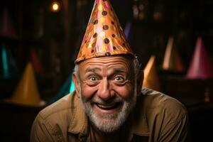 ai generiert Mann im Party Hut bereit zum Feier, vielfältig aktiv Senioren Bilder foto
