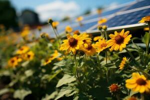 ai generiert ein Sonnenblume Feld ausgerichtet mit nachhaltig Solar- Leistung, Natur Erhaltung Fotos