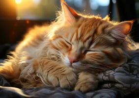 ai generiert Katze friedlich Schlafen auf Bett, süß inländisch Haustier Bild foto